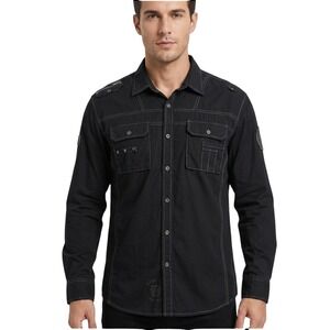 Remetee‎ Button Down Shirt Mens 2XL Black Military Moto Contrast Stitch Applique